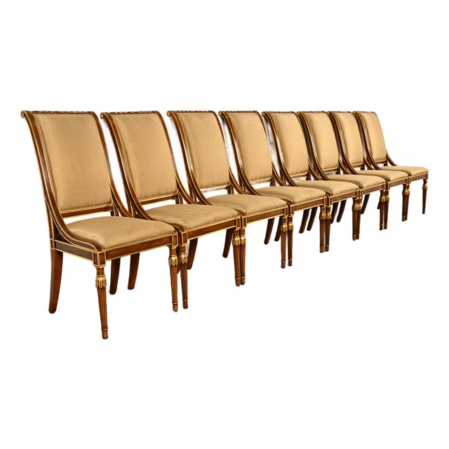 Karges French Regency Louis XVI Carved Walnut and Gold Gilt Dining Chairs | Set of Eight For Sale