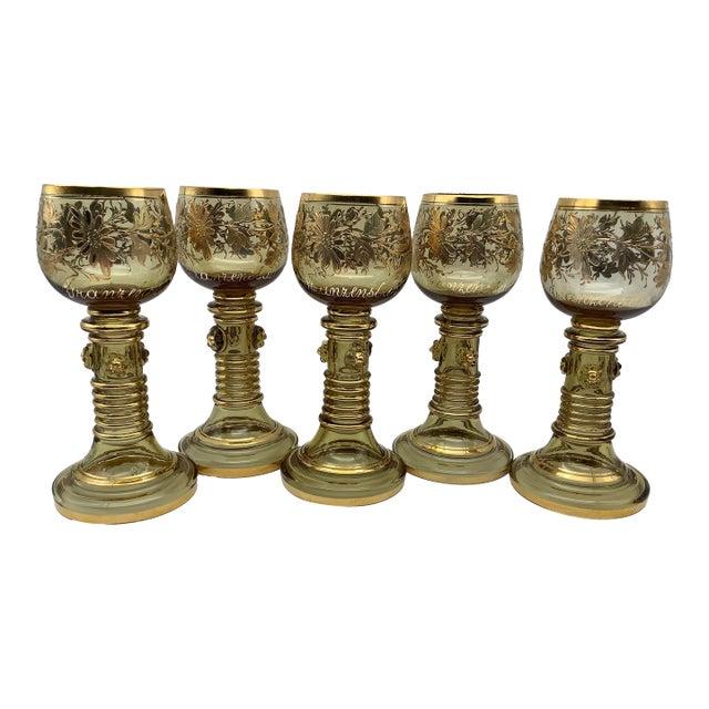 Antique Moser Bohemian Clear Gilded Blown Glass Wine Goblet, With Gold Floral Flowers and Leafs on Stem With Open End, Set of 5 For Sale