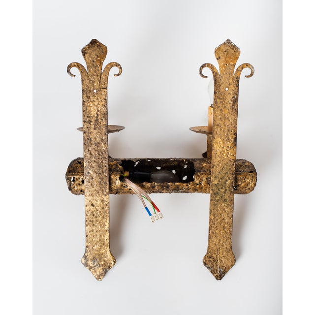 1960s 1960s Mid-Century Modern Spanish Brutalist Gilt Iron Wall Sconce, Pierced Torch Candle Light For Sale - Image 5 of 8