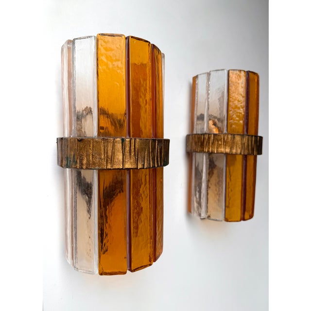 1970s Amber Glass Hammered Wrought Iron Sconces by Longobard - a Pair For Sale - Image 10 of 11