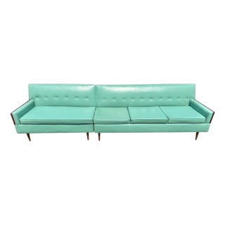 Mid-Century Modern Turquoise & Walnut 2-Piece Sectional Sofa For Sale