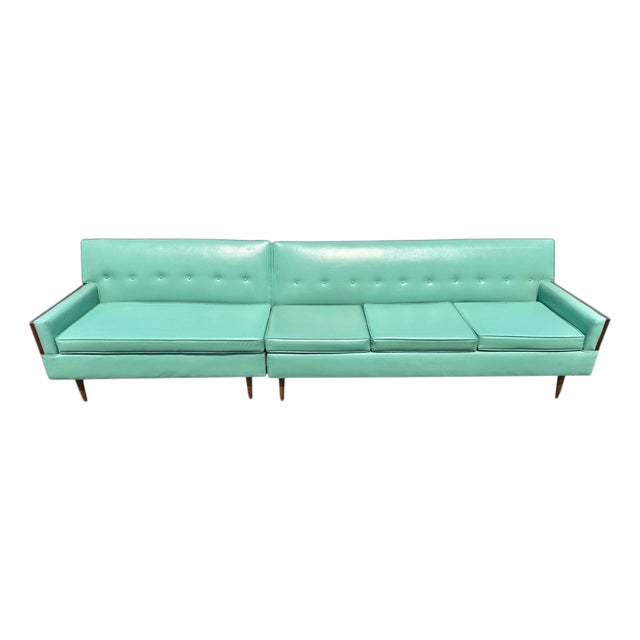 Mid-Century Modern Turquoise & Walnut 2-Piece Sectional Sofa For Sale