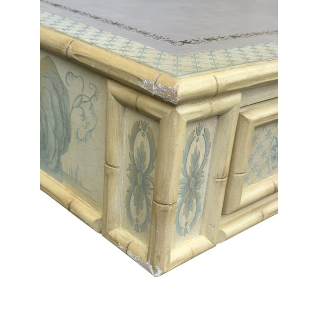 Faux Bamboo Blue and Creme Toile De Joy Chinoiserie Large Leather Top Executive Desk For Sale - Image 11 of 12