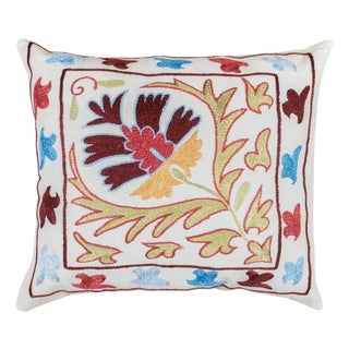 Colorful Hand Embroidered Silk Cushion Cover, Suzani Throw Pillow Cover. 16"x18" For Sale