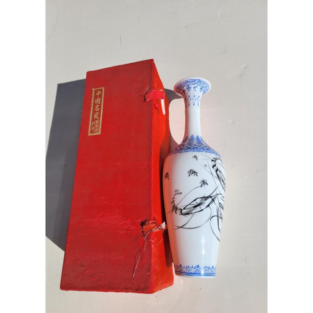Delicate Chinese porcelain vase described as “eggshell,” featuring expressive black calligraphy-style shrimp/prawns with a...