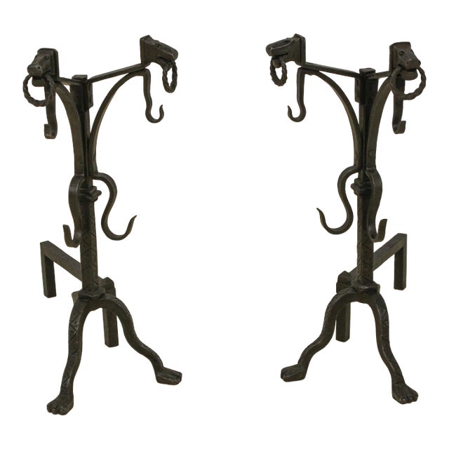 Pair Arts & Crafts Horse Head Forged Iron Fireplace Andirons For Sale