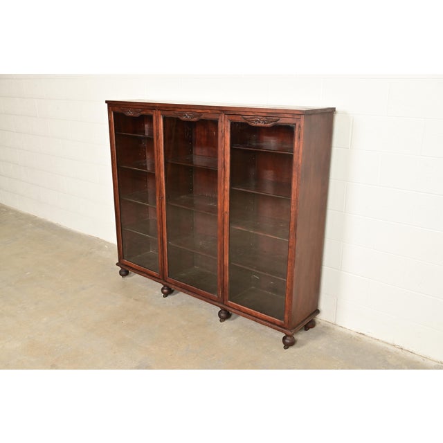 Victorian Berkey & Gay Antique Victorian Carved Mahogany Triple Bookcase or Display Cabinet, Circa 1890s For Sale - Image 3 of 11