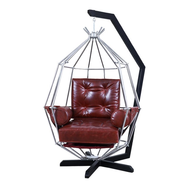 Mid-Century Modern Swedish Leather "Perrot Cage" Swing Chair by Ib Arberg For Sale