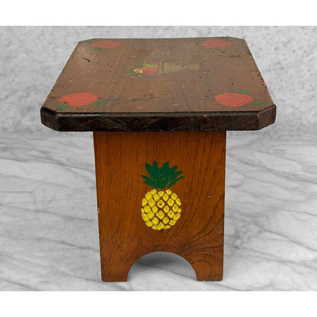 Wood Vintage Farmhouse Folk Art Painted Pine Footstool For Sale - Image 7 of 10