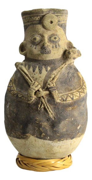 Peruvian Bichrome Figural Effigy Jar of a Hunter With Trophy
