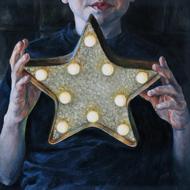 The Star in my hands by Marianna Foster | Oil on Board Portrait of a person holding a star-shaped light. For Sale