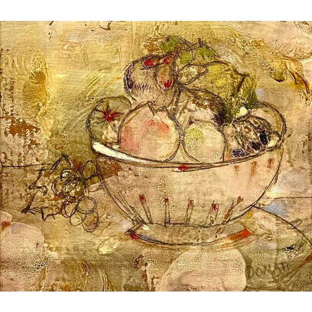 Surrealism Lazzaro Donati, Italian Modernist Surrealist Bowl Of Fruit Still Life Oil Painting La Fruttiera, 1961 For Sale - Image 3 of 10