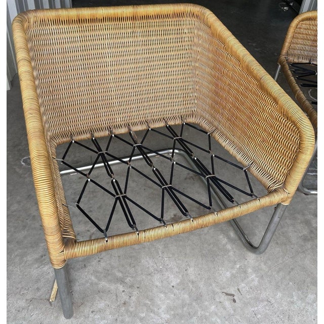 Harvey Probber Style Vintage Unmarked Chrome Tube Cantilever Wicker Lounge Arm Chairs For Sale In Jacksonville, FL - Image 6 of 12