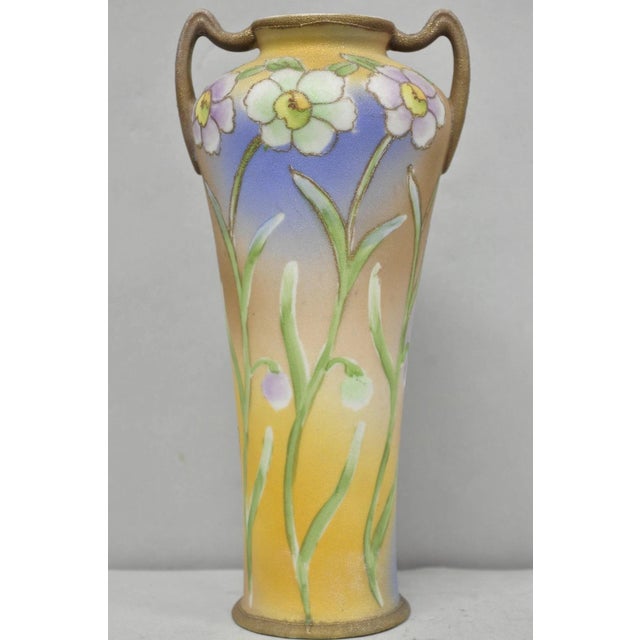 Nippon Sharkskin Decorated Royal Kinjo Japan Hand Painted Porcelain Handled Vase For Sale - Image 10 of 17