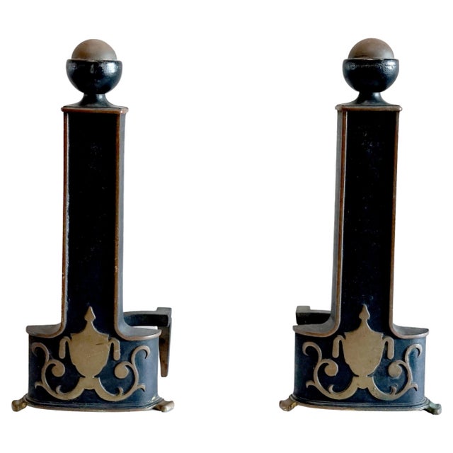 Neoclassical 1930s Pair of Neo Classical Style Iron, Ebonized Andirons with Urn Form Motif For Sale - Image 3 of 4