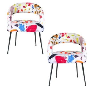 Bauhaus Abstract Bold Colorful Open Back Upholstered Dining Chairs in Pierre Frey Arty Fabric a Pair Set of 2