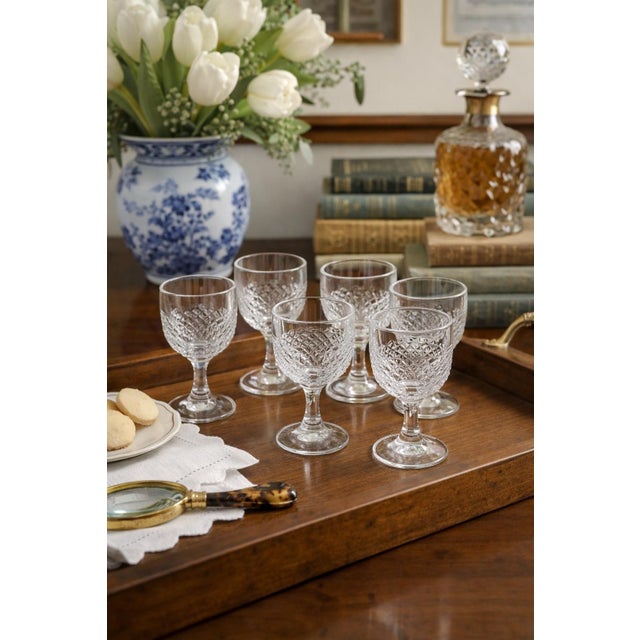 Elevate your bar or tablescape with this Vintage Barware set of six diamond‑cut glass goblets, perfect for serving...