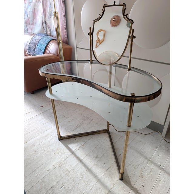 Gold Vintage Italian Polka Dot-Etched Glass and Gilt Brass Illuminated Vanity by Luigi Brusotti, 1950s For Sale - Image 8 of 18