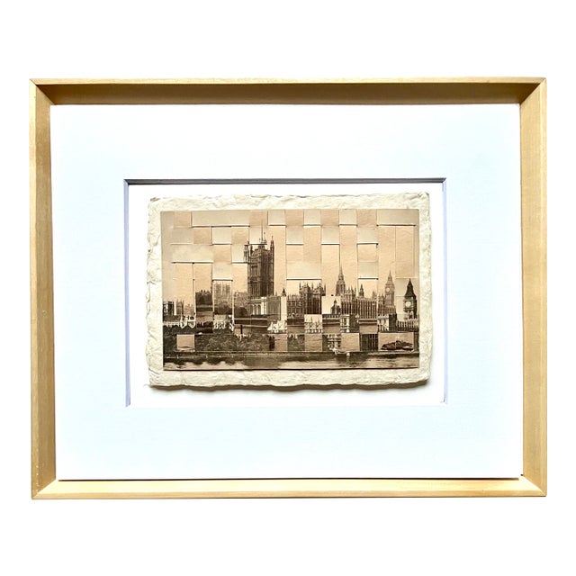 View of Parliament, London - Hand Cut & Woven Vintage Photo Postcards, Framed For Sale