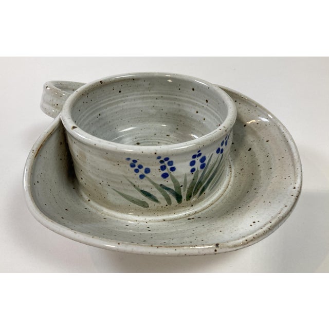 Vintage ceramic handled soup bowl with cracker tray. Alternative use as single serve chip and dip server. Features natural...