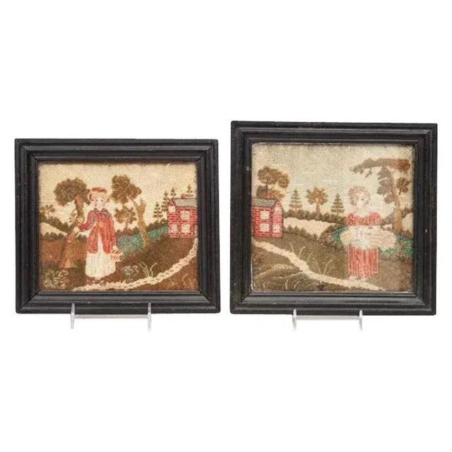 19th Century 19th Century Needlework Pictures of a Girl in Landscape Needlepoint - a Pair For Sale - Image 5 of 5