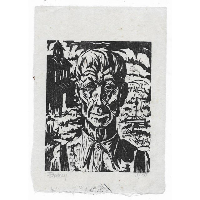 November 1958 woodblock print of a farmyard with silo by New York artist John Bradley, pencil signed and dated lower...