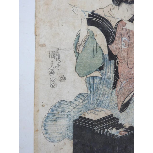 Japanese Early Kunisada I Utagawa Beauty Sewing Japanese Woodblock For Sale - Image 3 of 9