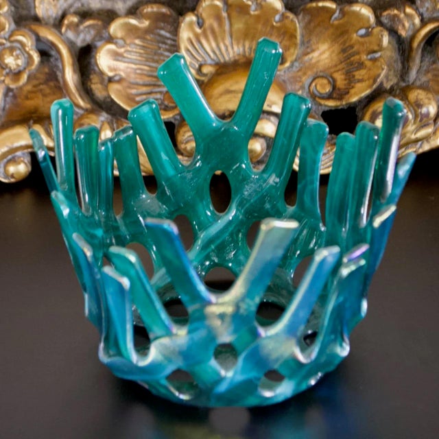 Green Iridescent Blue Green Fused Art Glass Coral Basket Bowl – Sculptural Studio Glass For Sale - Image 8 of 11