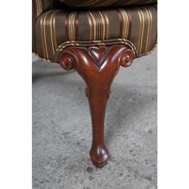 Baker Furniture Company Vintage Baker Queen Anne Style Mahogany Silk Striped Wingback Library Club Chair For Sale - Image 4 of 15