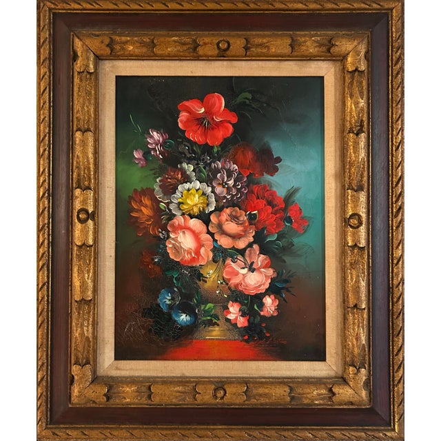 Mid-Century Modern Vintage Original Floral Still Life Oil Painting on Canvas Bright Colors in Vintage Frame For Sale - Image 3 of 7