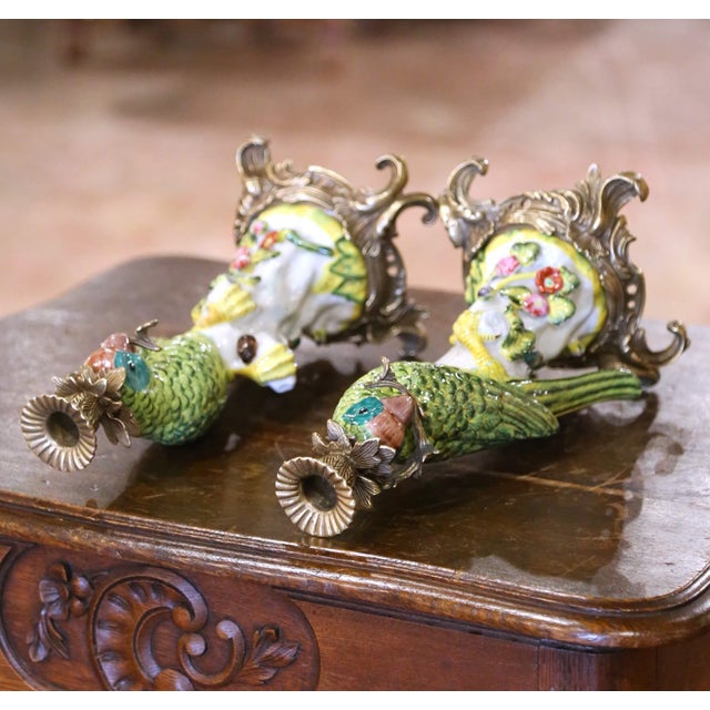 Mid-Century Chinese Export Porcelain Parrot Candlesticks on Gilt Bronze Bases For Sale - Image 9 of 10