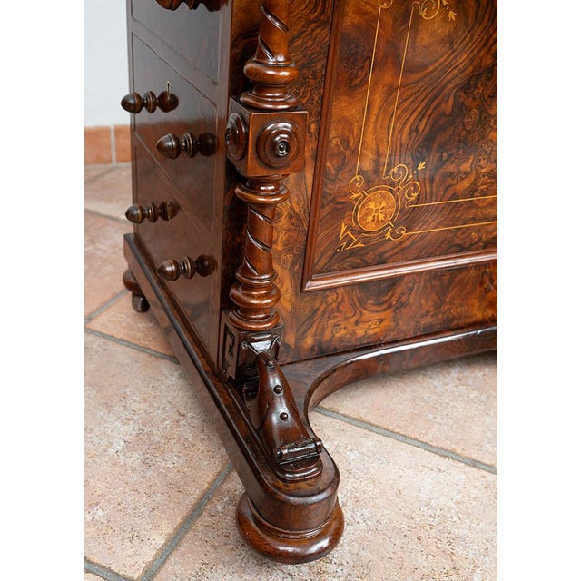 Antique Victorian Burl Walnut Writing Desk with Maple Inlay, England, 1800s For Sale - Image 10 of 11