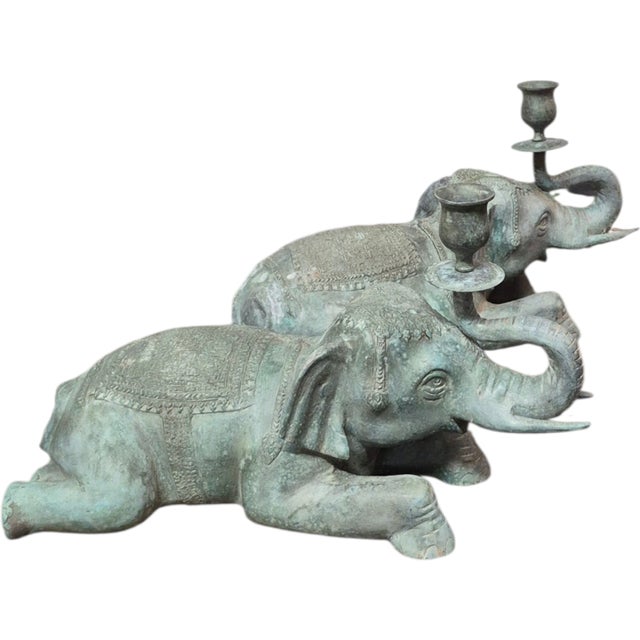 1960s Large Pair Asian Bronze Recumbent Processional Elephant Candlesticks For Sale - Image 4 of 6