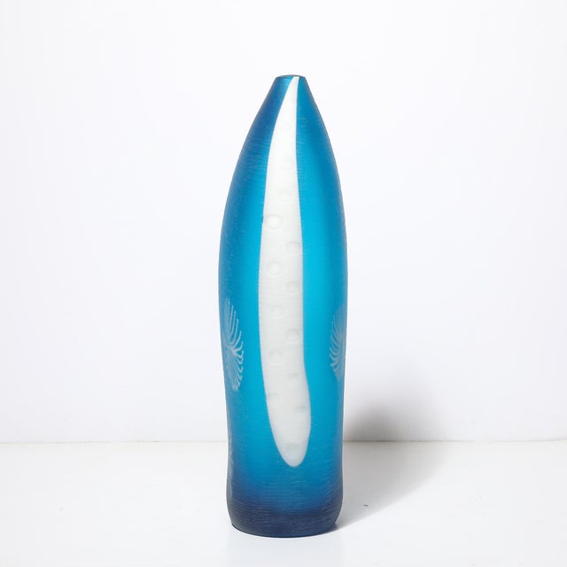Cerulean Mid-Century Hand-Blown Cerulean Blue Murano Glass Vase W/ Battuto Texturing For Sale - Image 8 of 16