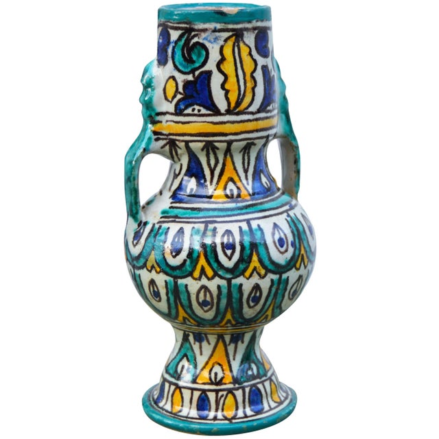 Handcrafted ceramic vase with an intricately hand-painted Moorish pattern in a traditional Andalusian color combination....