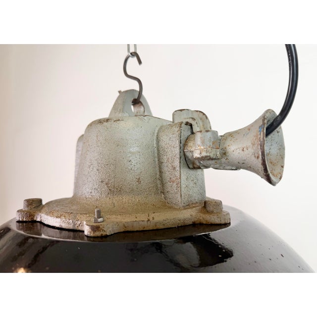 Glass Industrial Black Enamel and Cast Iron Cage Pendant Light from Elektrosvit, 1960s For Sale - Image 7 of 18