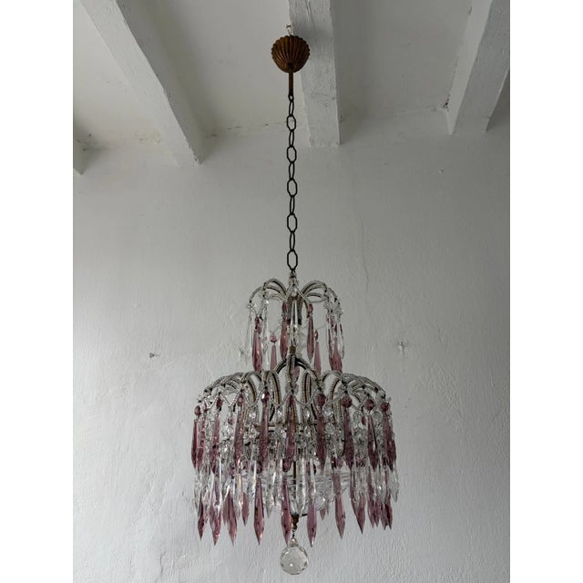 Italian Micro-Beaded Tiered Amethyst Crystal Prisms Chandelier C 1920 One of Two For Sale - Image 13 of 14
