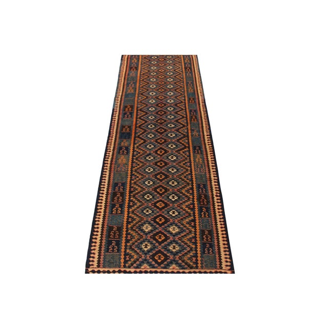 Rug & Kilim Handwoven Vintage Turkish Kilim Runner in Gold-Orange, Blue Geometric Pattern For Sale - Image 4 of 5