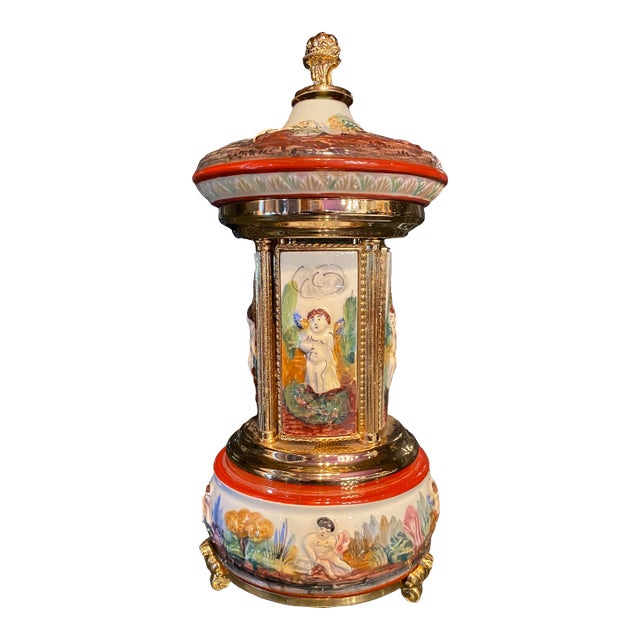 Vintage Italian Capodimonte Porcelain Musical Carousel Cigarette & Lipstick Dispenser (Jg) For Sale