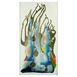 Luis Guevara Moreno, Abstract-Surrealist Oil Lamps, Mixed Media Painting, 1970s For Sale