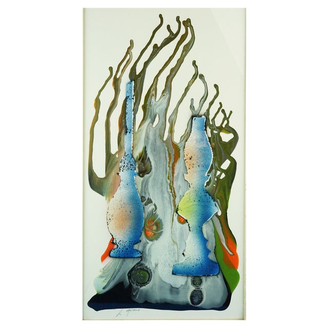 Luis Guevara Moreno, Abstract-Surrealist Oil Lamps, Mixed Media Painting, 1970s For Sale