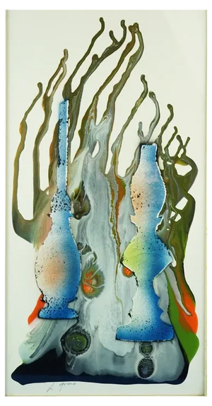 Luis Guevara Moreno, Abstract-Surrealist Oil Lamps, Mixed Media Painting, 1970s