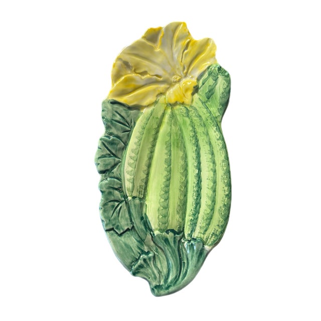 Late 20th Century Italian Majolica Hand-Painted Ceramic Zucchini Flower Serving Dish For Sale - Image 4 of 5