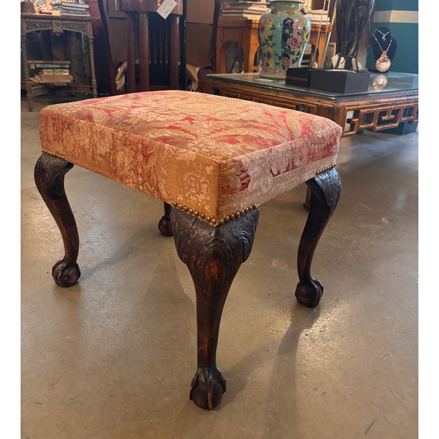 Coffee Antique George II Upholstered Bench in the Chippendale Style, Resting on Boldly Carved Ball and Claw Feet and Knee Decoration For Sale - Image 8 of 9