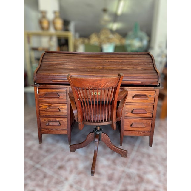 Mid-Century Modern American Bureau Desk and Chair with Blinds, Set of 2 For Sale - Image 3 of 5