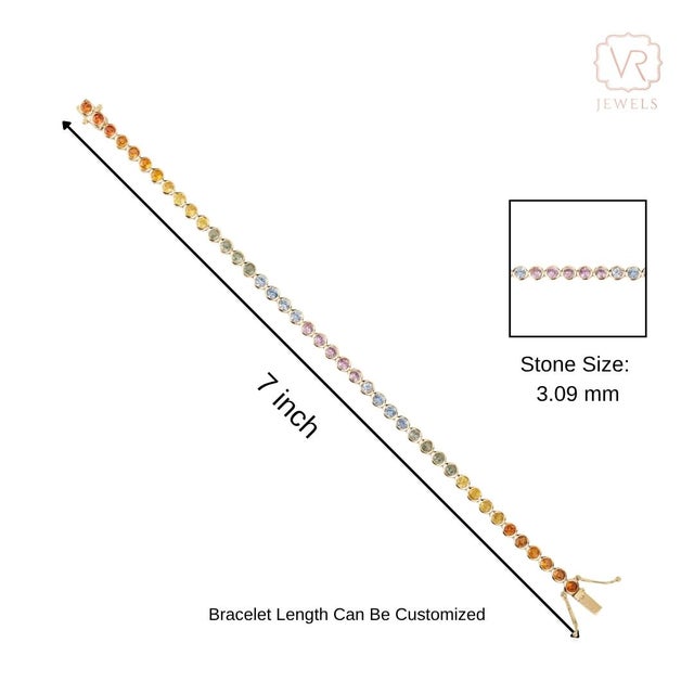 6.02ct Round Cut Multi Sapphire Bezel-Set Tennis Bracelet in 14k Yellow Gold For Sale - Image 10 of 14