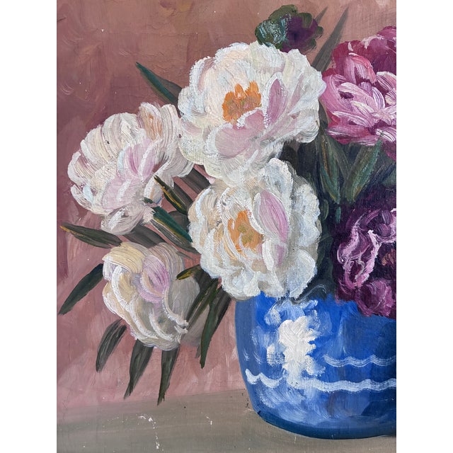 Pink Vintage Original Floral Oil Painting, Signed Flower Art For Sale - Image 8 of 16
