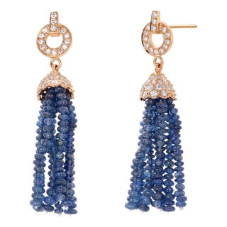 14k Yellow Gold Natural Ceylon Sapphire & Diamond Pavé Tassel Earrings 32 Ct, Pair For Sale