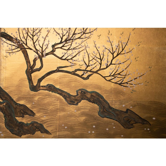 "Mandarin Ducks and Sakura", 1960s Shōwa Era Japanese Byobu Screen For Sale In Dallas - Image 6 of 16