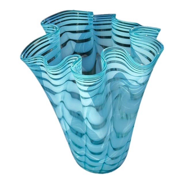 Royal Gallery Turquoise Hand Blown Opalescent Art Glass Handkerchief Vase Poland For Sale